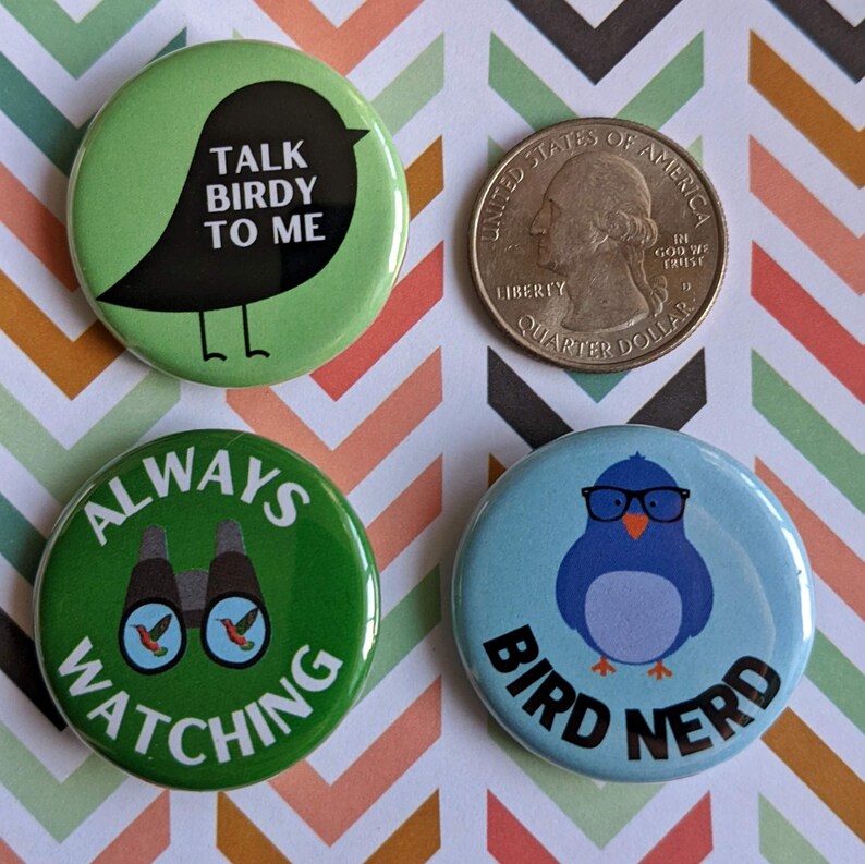 Pode incluir: Quatro bot&otilde;es redondos de cor verde, azul e branco com designs de tem&aacute;tica de p&aacute;ssaros. O primeiro bot&atilde;o tem um p&aacute;ssaro preto com o texto "Talk Birdy To Me". O segundo bot&atilde;o tem bin&oacute;culos com dois beija-flores e o texto "Always Watching". O terceiro bot&atilde;o tem um p&aacute;ssaro azul com &oacute;culos com o texto "Bird Nerd".