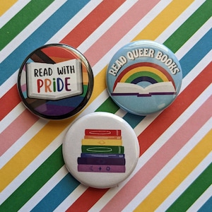 Read With Pride Pins, Queer Book Pinback Buttons, LGBT Gifts, Diverse Book Pins, Read Queer Books Pins, Rainbow Book Pins
