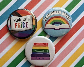 Read With Pride Pins, Queer Book Pinback Buttons, LGBT Gifts, Diverse Book Pins, Read Queer Books Pins, Rainbow Book Pins