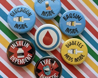 Diabetes Buttons, Type 1 Diabetes Pins , Diabetes Medical Alert Buttons, Diabetes Pins, Baqsimi Button, Glucagon Button