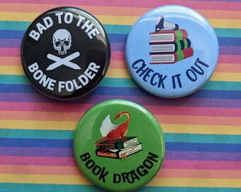Librarian Pins, Librarian Pinback Buttons, Librarian Gifts, Book Dragon, Check It Out, Library Gift, Library Assistant Gift