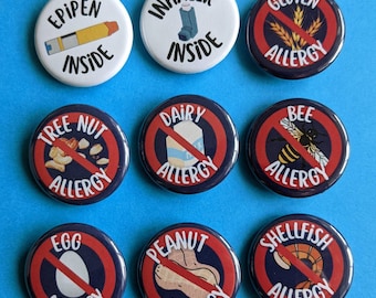 Allergiewaarschuwingsspelden, stel je eigen allergiewaarschuwingsset samen, meerdere allergiewaarschuwingsspelden, medische allergiewaarschuwingsspelden, epiPen-speld, voedselallergiespeldjes