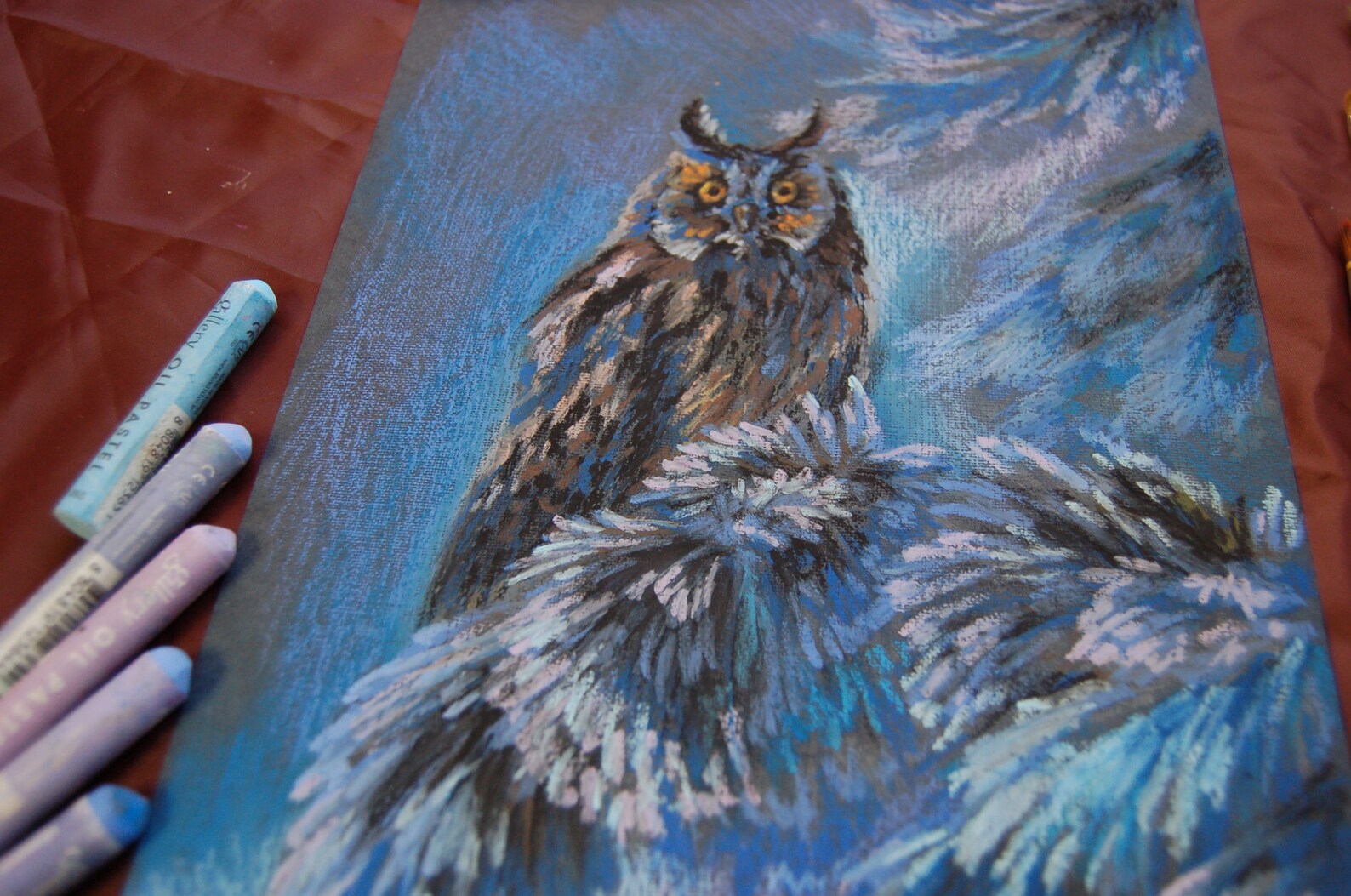 Original oil pastel painting Owl in a snowy Etsy
