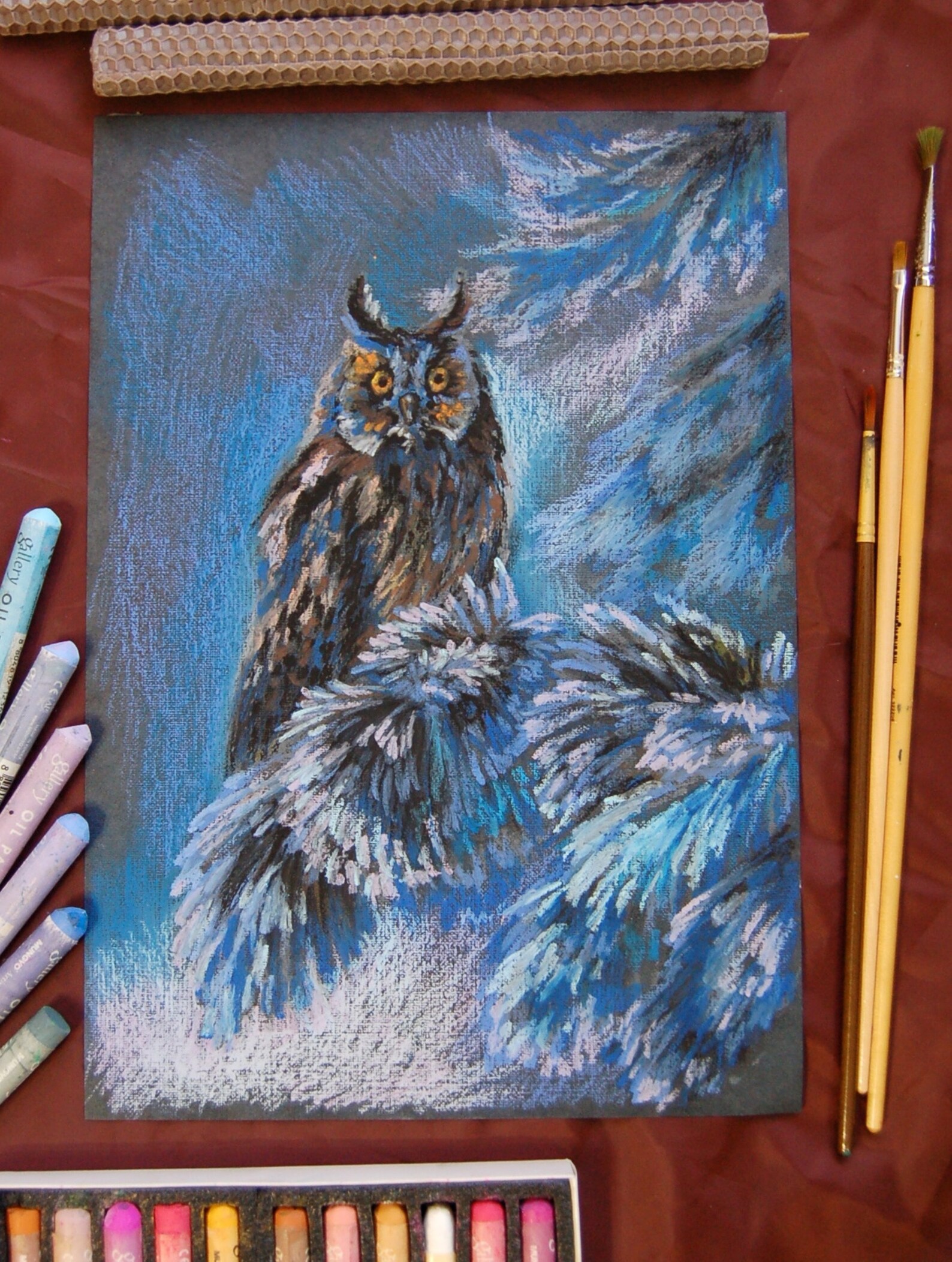 Original oil pastel painting Owl in a snowy Etsy