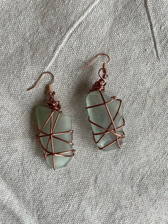 Wire wrapped sea glass earrings deals