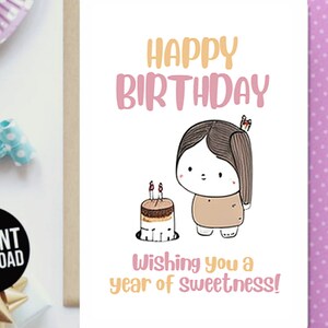 Printable Birthday Card Cute Girl Cartoon Downloadable Digital Birthday ...