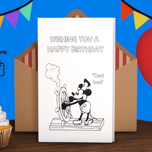 Cartão de aniversário para impressão Cartão de aniversário divertido para impressão Cartão de aniversário para download Cartão de aniversário digital Download instantâneo Steamboat Willie