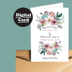 Cartão de aniversário para impressão, cartão cristão da luz de deus, cartão digital para download, download instantâneo, impressão em casa, mundo mais brilhante