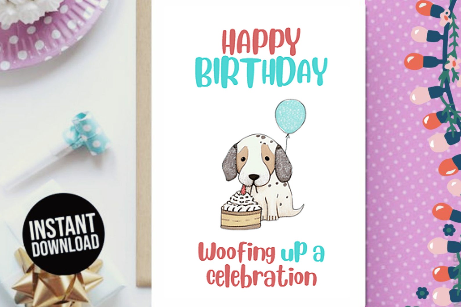 Printable Birthday Card Cute Dog Downloadable Digital Birthday Card ...