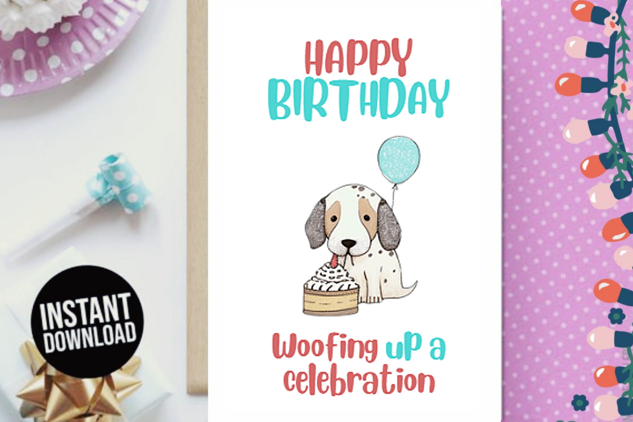 Printable Birthday Card Cute Dog Downloadable Digital Birthday Card ...