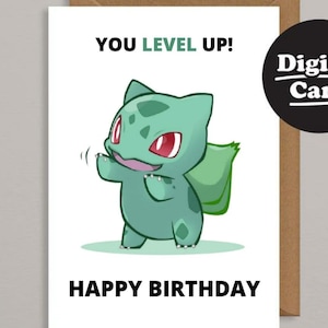 Printable Birthday Card. Downloadable Birthday Card. Digital Birthday Card. Instant Download. Print At Home Poke Bulba- Level Up ECard