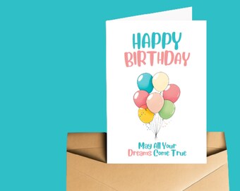 Printable Birthday Card Downloadable Happy Birthday Digital Instant Download Balloons Card