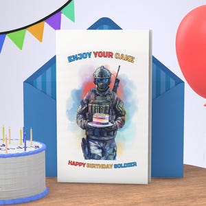 Cartão de aniversário para impressão Cartão de aniversário divertido para impressão Cartão de aniversário para download Cartão de aniversário digital Download instantâneo Bolo Soldado