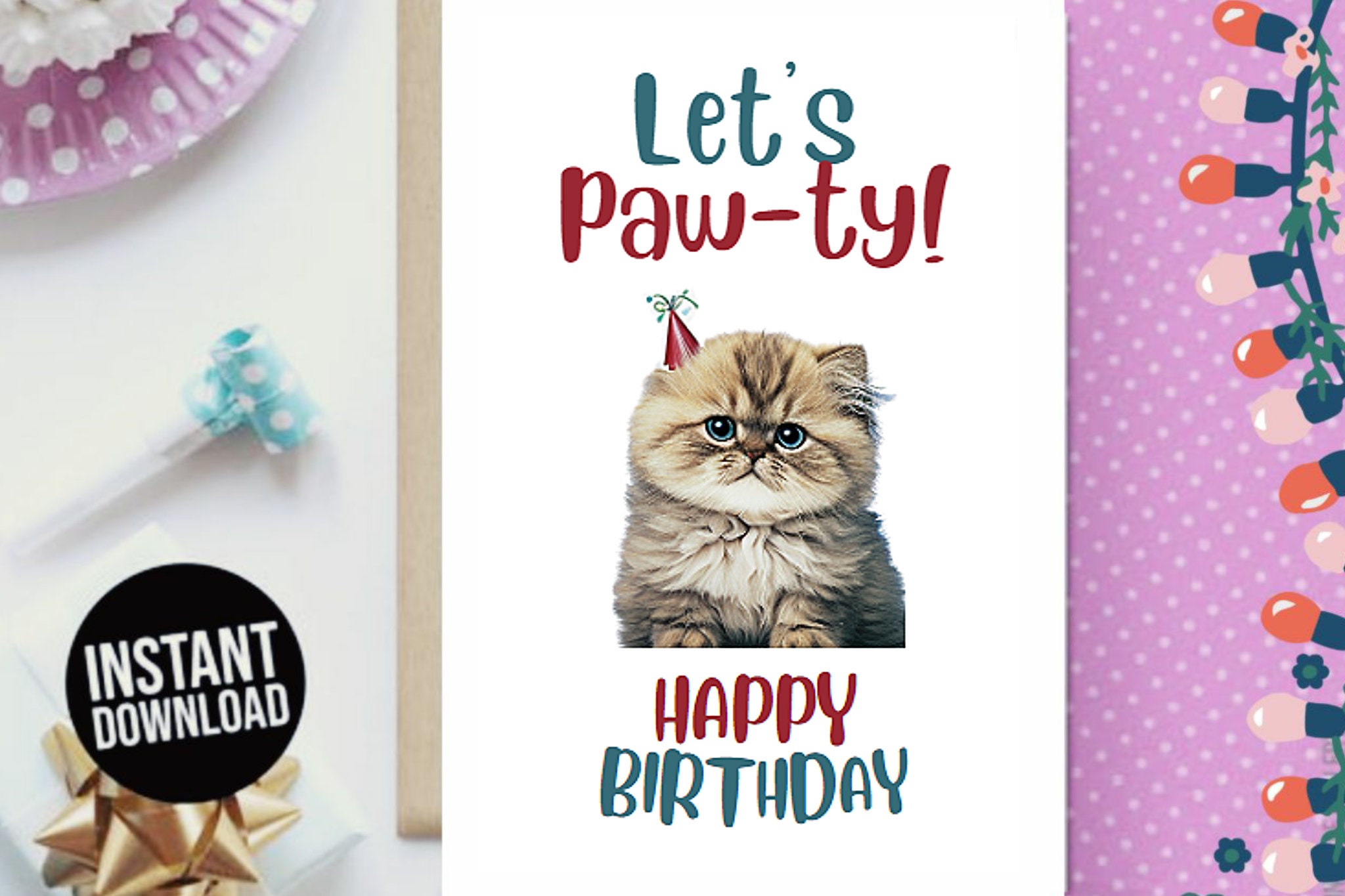 Printable Birthday Card Cute Cat Downloadable Digital Birthday Card ...
