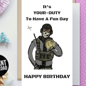 Geschenken verjaardagsfeest kaart afdrukken thuis digitaal bestand afdrukbaar downloadbare instant download comedy call duty ghost eCard