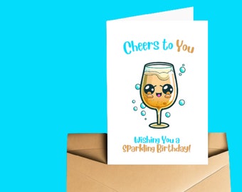 Printable Birthday Card Downloadable Happy Birthday Digital Instant Download Cute Champaign Card