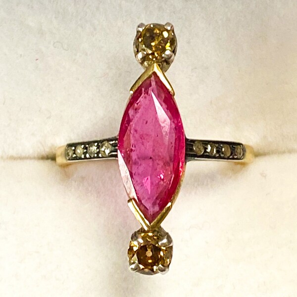Vintage ruby & diamond ring, champagne diamonds, Marquis cut stone, unusual ring, large statement ring, 1/2carat diamond ring, gift for her