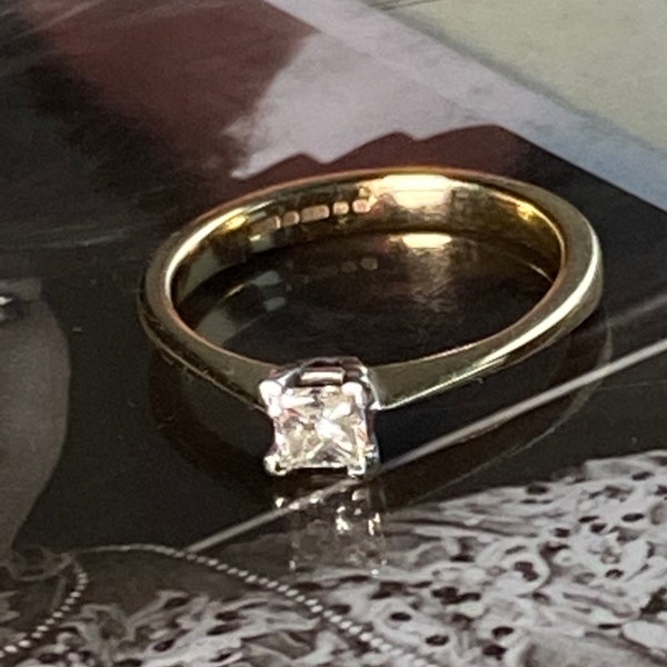 Engagement ring, diamond solitaire, princess cut, square diamond, yellow and white gold, contemporary ring, vintage jewellery, UK seller,