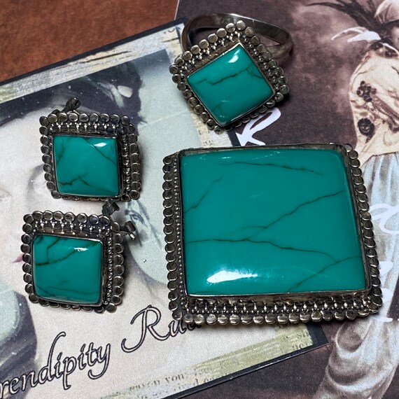 Vintage silver jewellery set, green turquoise and… - image 2