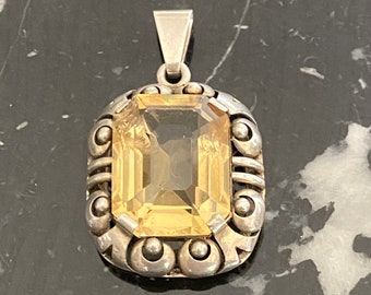Vintage pendant, large gemstone pendant, citrine pendant, antique silver necklace, jugendstil jewellery, gift for woman