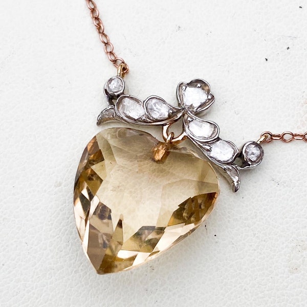 Edwardian necklace, gold citrine,diamond heart pendant, gift for her, 18th birthday gift, 21st birthday gift, bridal necklace, gift for wife
