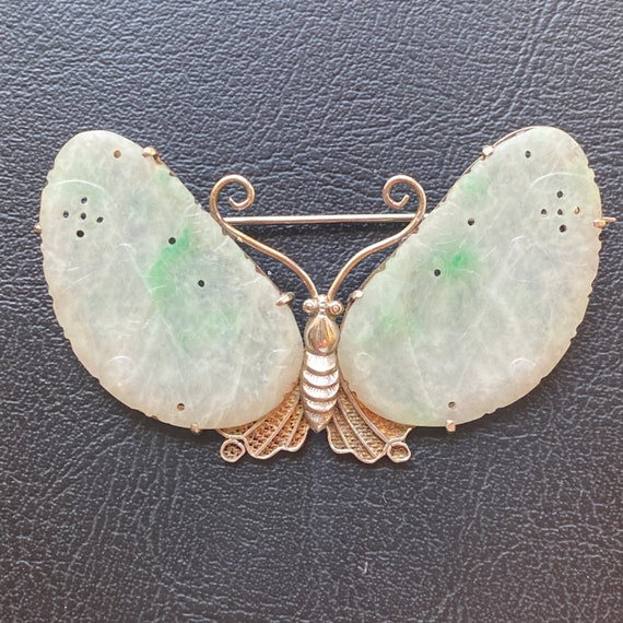 Art deco butterfly brooch, antique jade brooch, C… - image 3