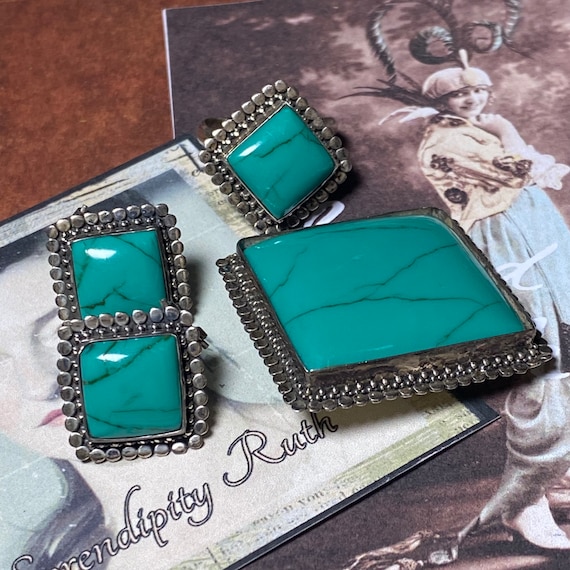 Vintage silver jewellery set, green turquoise and… - image 1