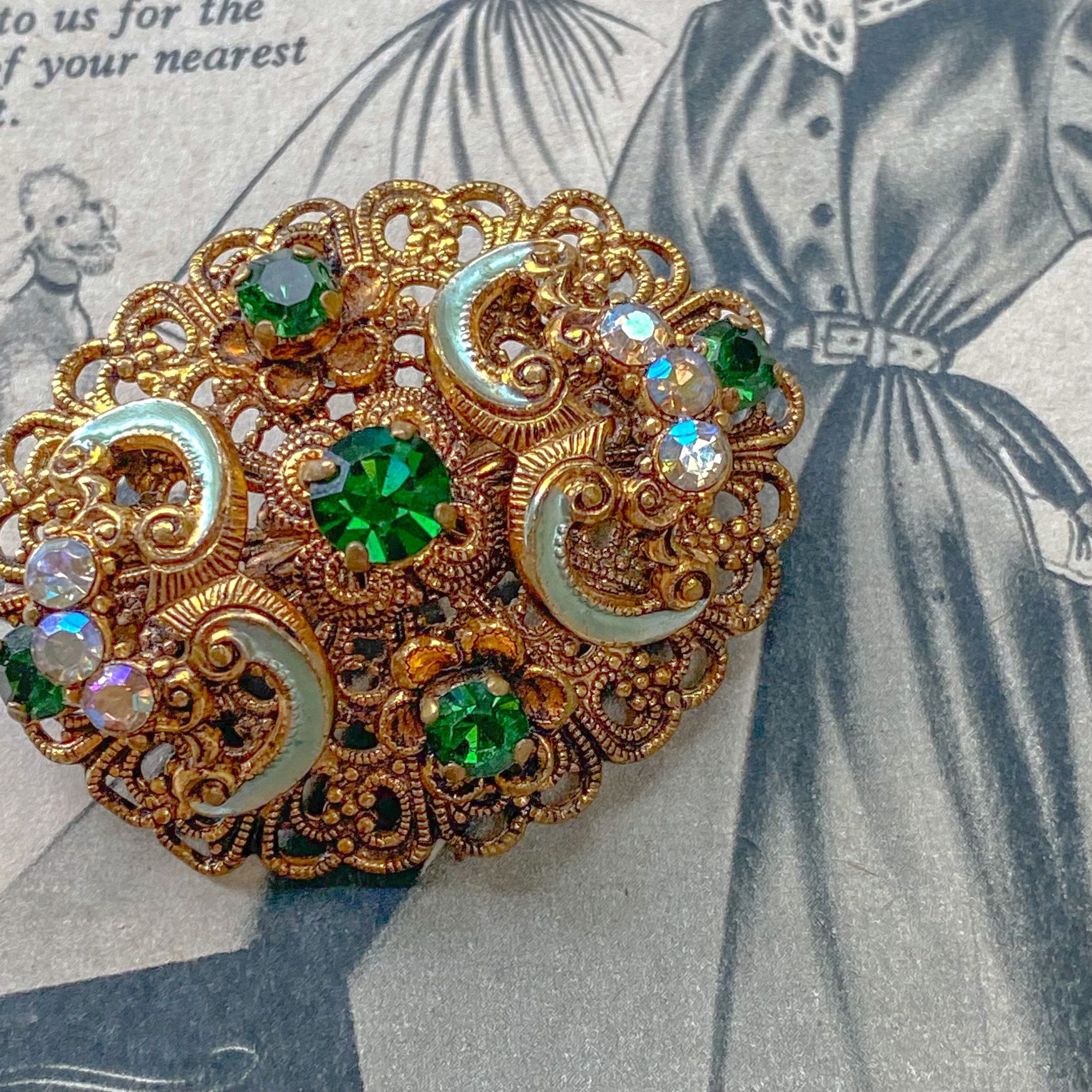 Vintage Czech brooch Czech green glass and enamel brooch Etsy