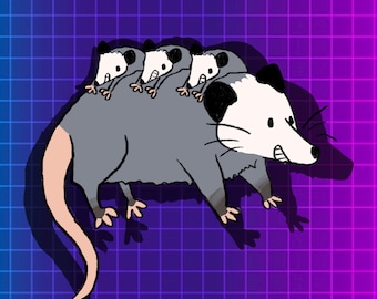 May include: A cartoon illustration of a gray opossum with three smaller opossums clinging to its back. The opossums are all smiling and have white faces with black eyes. The background is a purple and blue grid.