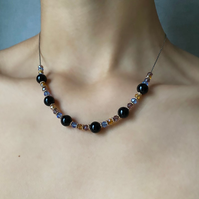 MELANIE Orange Purple Beaded Necklace with Round Black and Gold Beads Blue