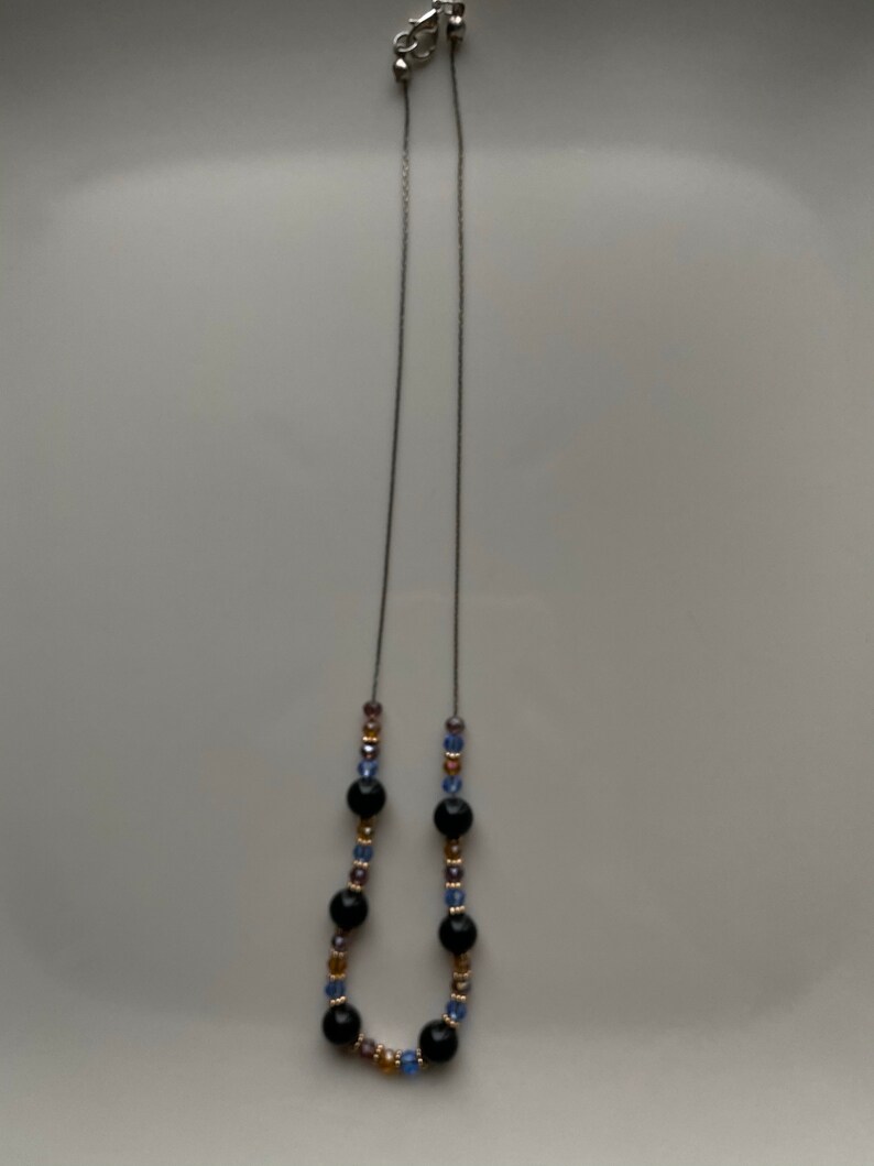 MELANIE Orange Purple Beaded Necklace with Round Black and Gold Beads Blue
