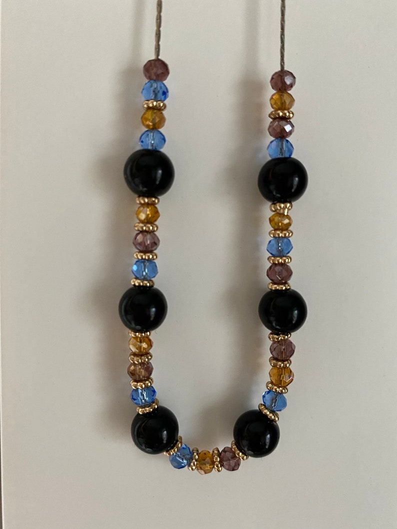 MELANIE Orange Purple Beaded Necklace with Round Black and Gold Beads Blue