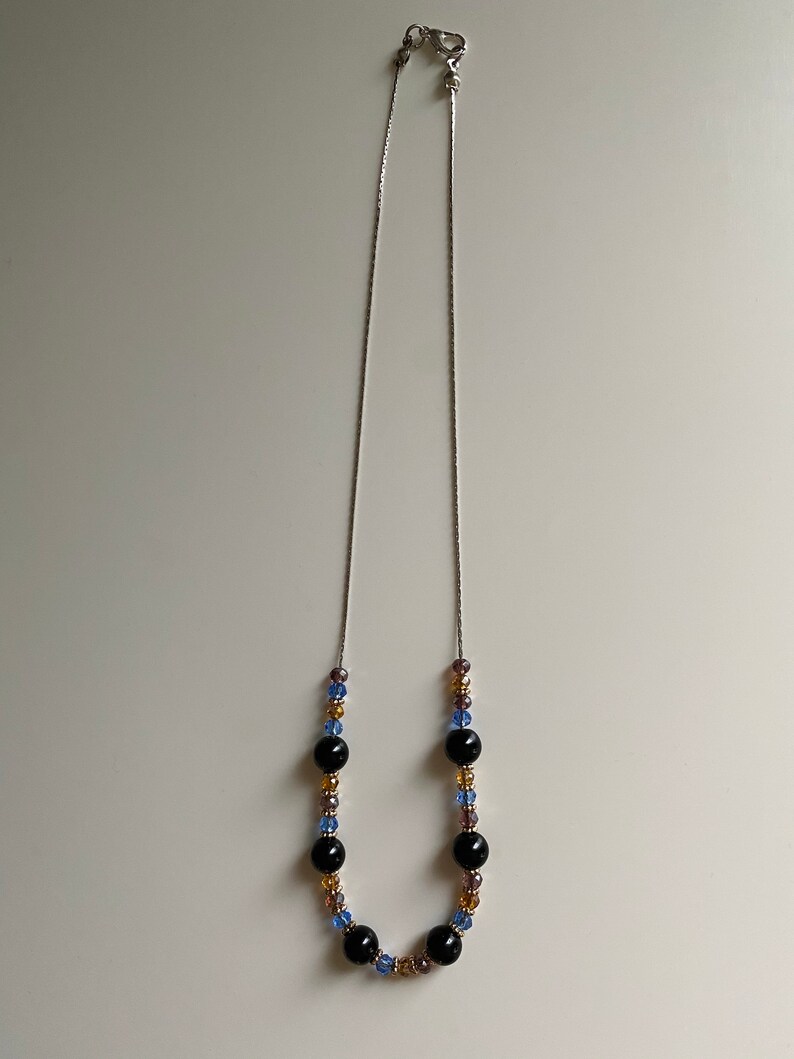MELANIE Orange Purple Beaded Necklace with Round Black and Gold Beads Blue