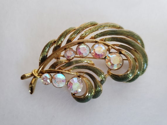 Gorgeous Green Feather Brooch Pin with Sparkly Au… - image 3