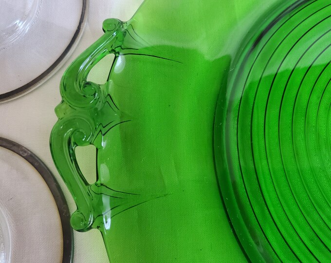 Vintage Green Glass Serving Platter, Cake Platter, With Handles Etsy