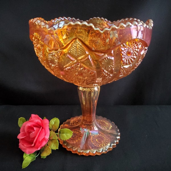 Elegant Carnival Glass Compote, Bold Orange Marigold Color, Hobstar and Arches Pattern, Ideal for Dining Table or Vintage Glass Display