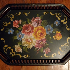 Vintage Mid-Century Floral Tole Decorative Serving Tray - Hand Painted - Great Used Condition