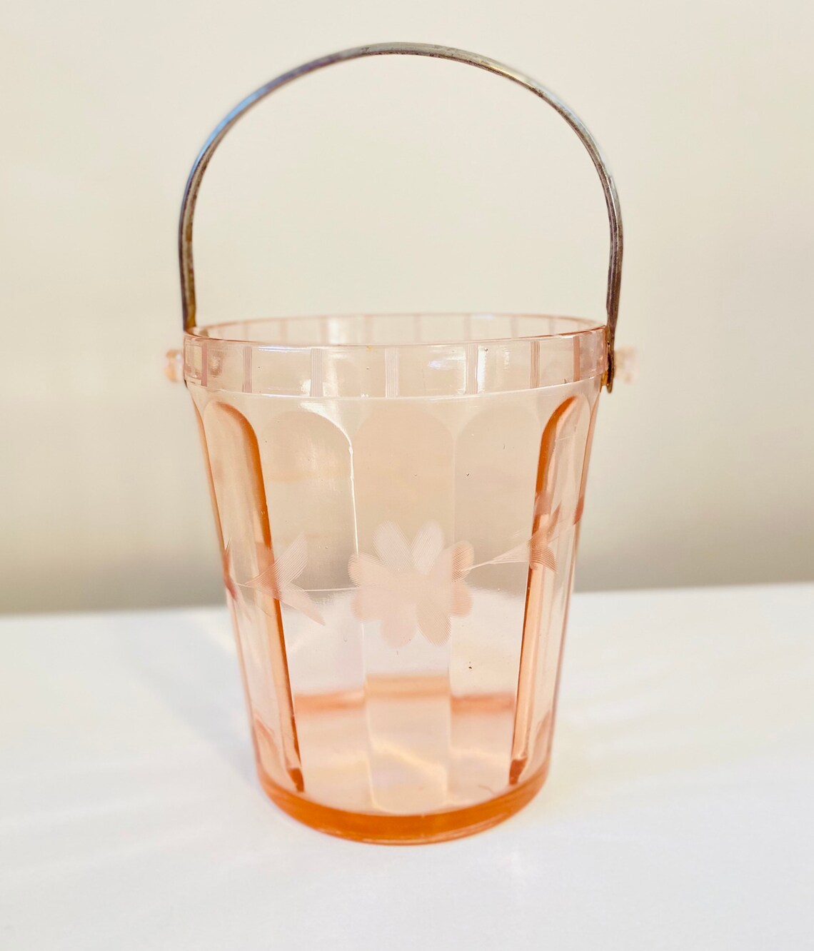 Antique Pink Etched Glass Depression Glass Ice Bucket with Etsy