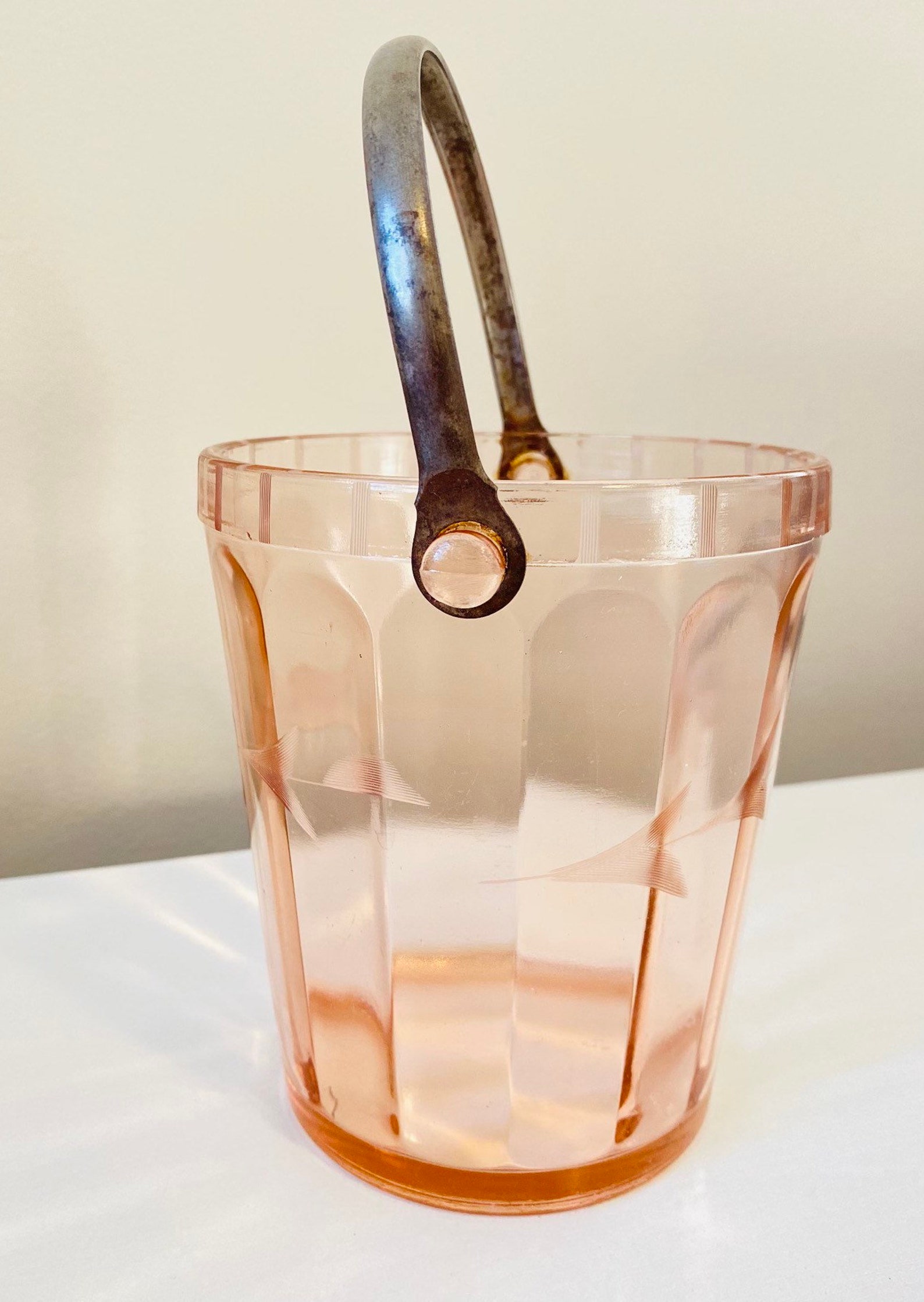Antique Pink Etched Glass Depression Glass Ice Bucket with Etsy