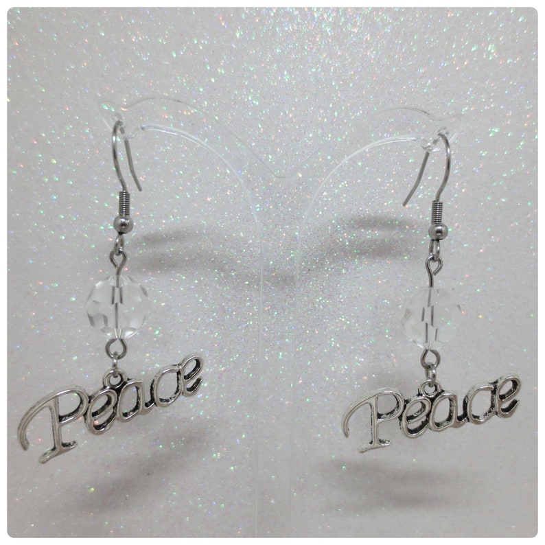 Peace word Earrings with Glass Bead multiple bead color choices Stainless Steel