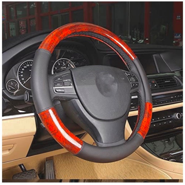 Car steering wheel cover, steering wheel cover, wood grain, universal size 15 "anti-skid, breathable and durable