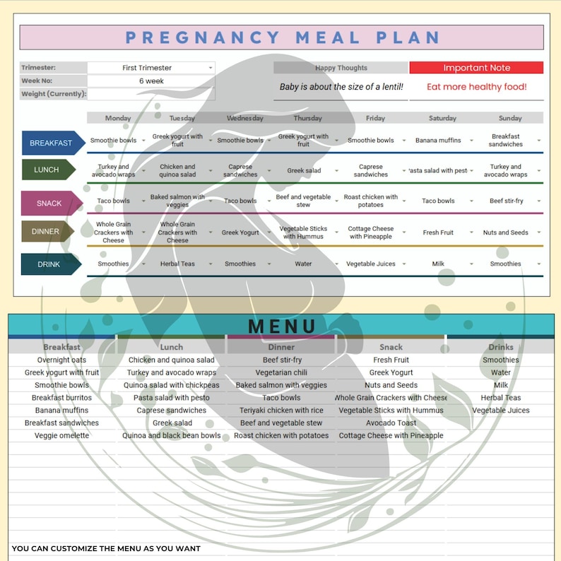 Pregnancy Meal Plan Template, Google Sheets, Nutrition Tracker for Moms ...
