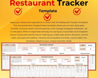 Modèle de suivi de restaurant, suivi des dépenses et des ventes du restaurant, feuille de calcul modifiable pour l&#39;inventaire, outil de budgétisation et de comptabilité