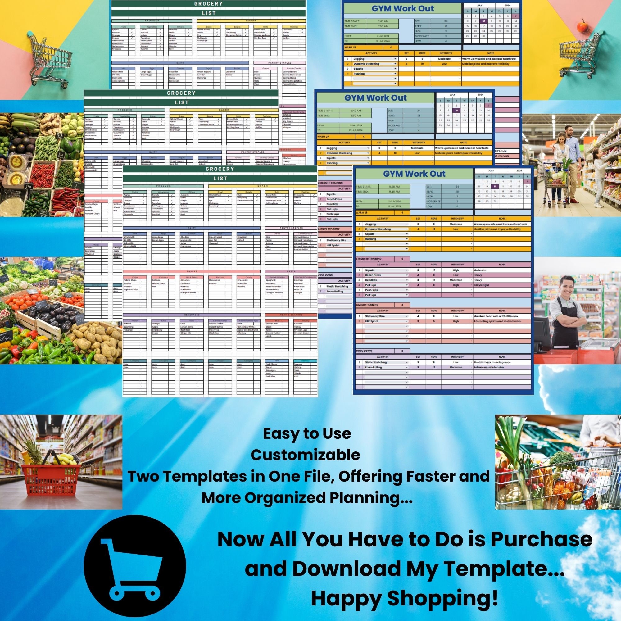 Gym Workout Grocery List Template, Fitness Planner, Meal Prep