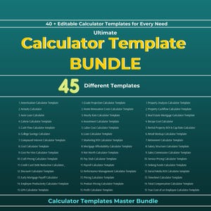 Ultimate Calculator Template Bundle, 45 Google Sheets Calculators, Financial, Business, Loan, Budget, Productivity, Investment Tools