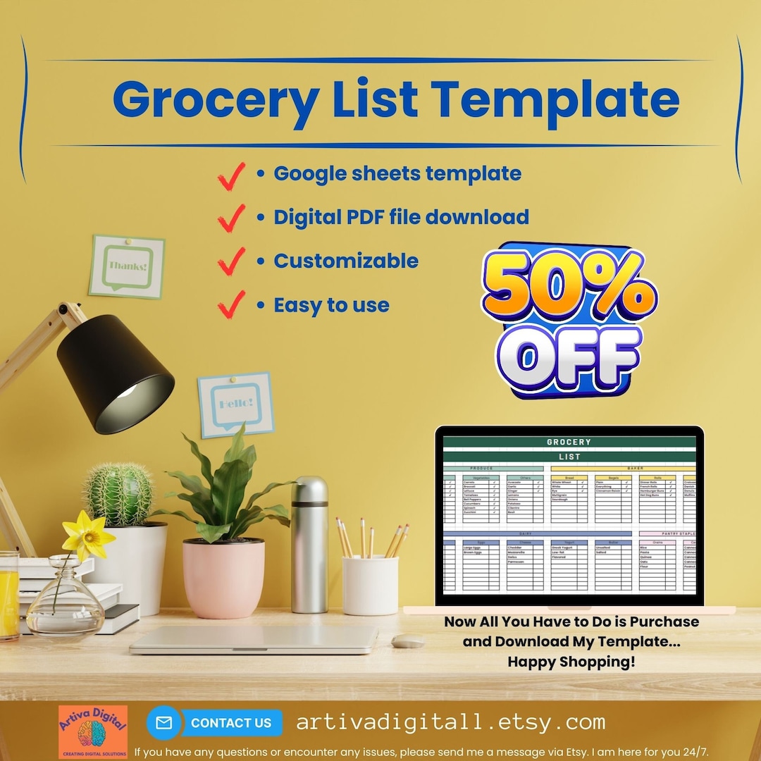 Grocery List Template, Google Sheets, Customizable, Easy to Use ...