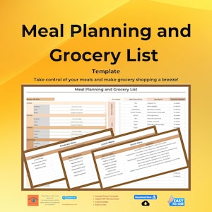 Meal Planning and Grocery List Template, Weekly Meal Planner, Food Budget Tracker, Family Meal Organizer, Shopping List, Meal Prep Sheet