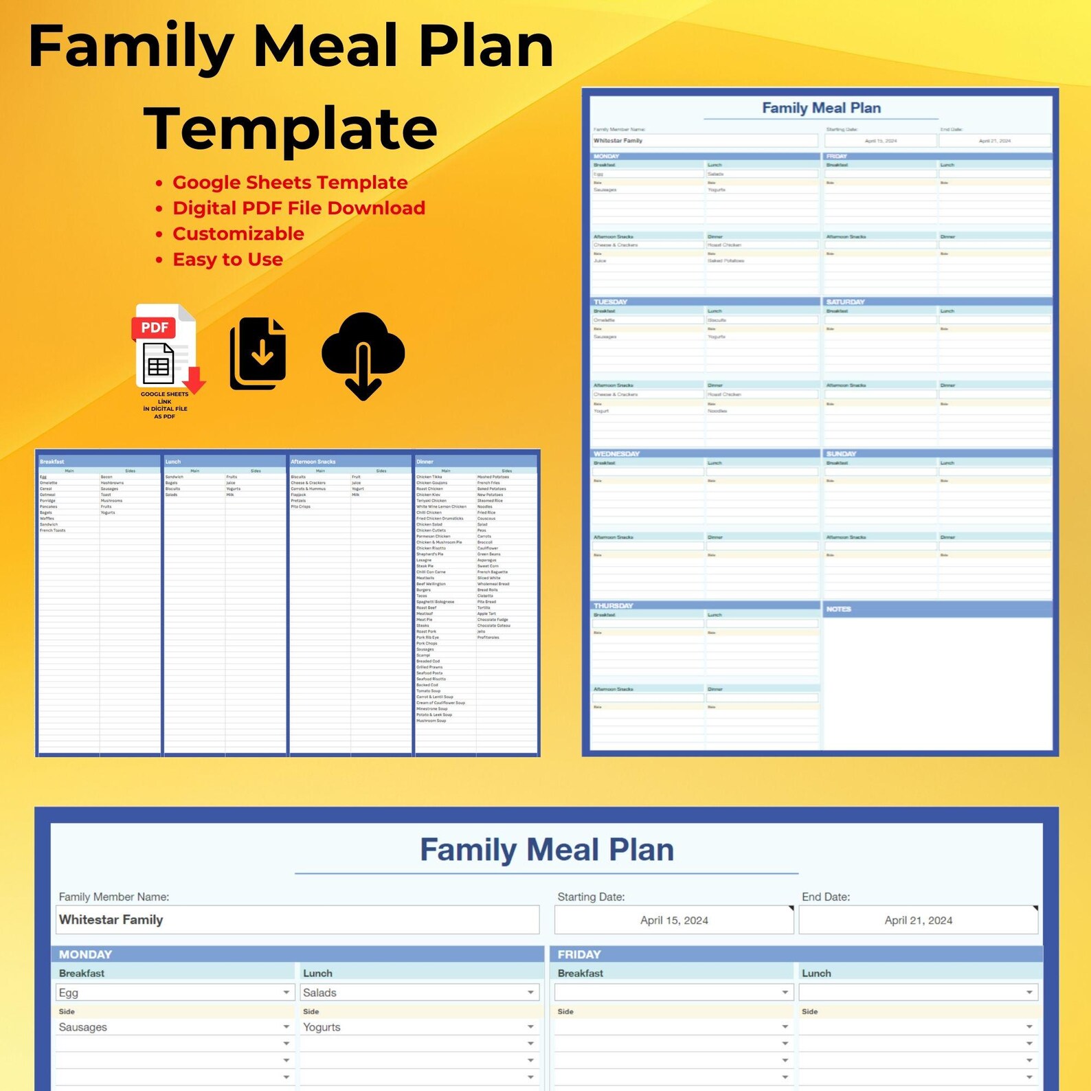 Family Meal Plan Template Google Sheets Weekly Planner Editable
