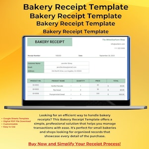 Bakery Receipt Template, Google Sheets, Editable Bakery Sales Receipt, Printable Invoice, Bakery Billing Template, Customizable Receipt Form