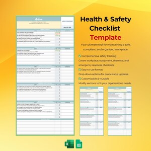 Health and Safety Checklist Template, Google Sheets Editable Tool, Workplace Safety Tracker, Compliance Audit Log, Risk Assessment Planner
